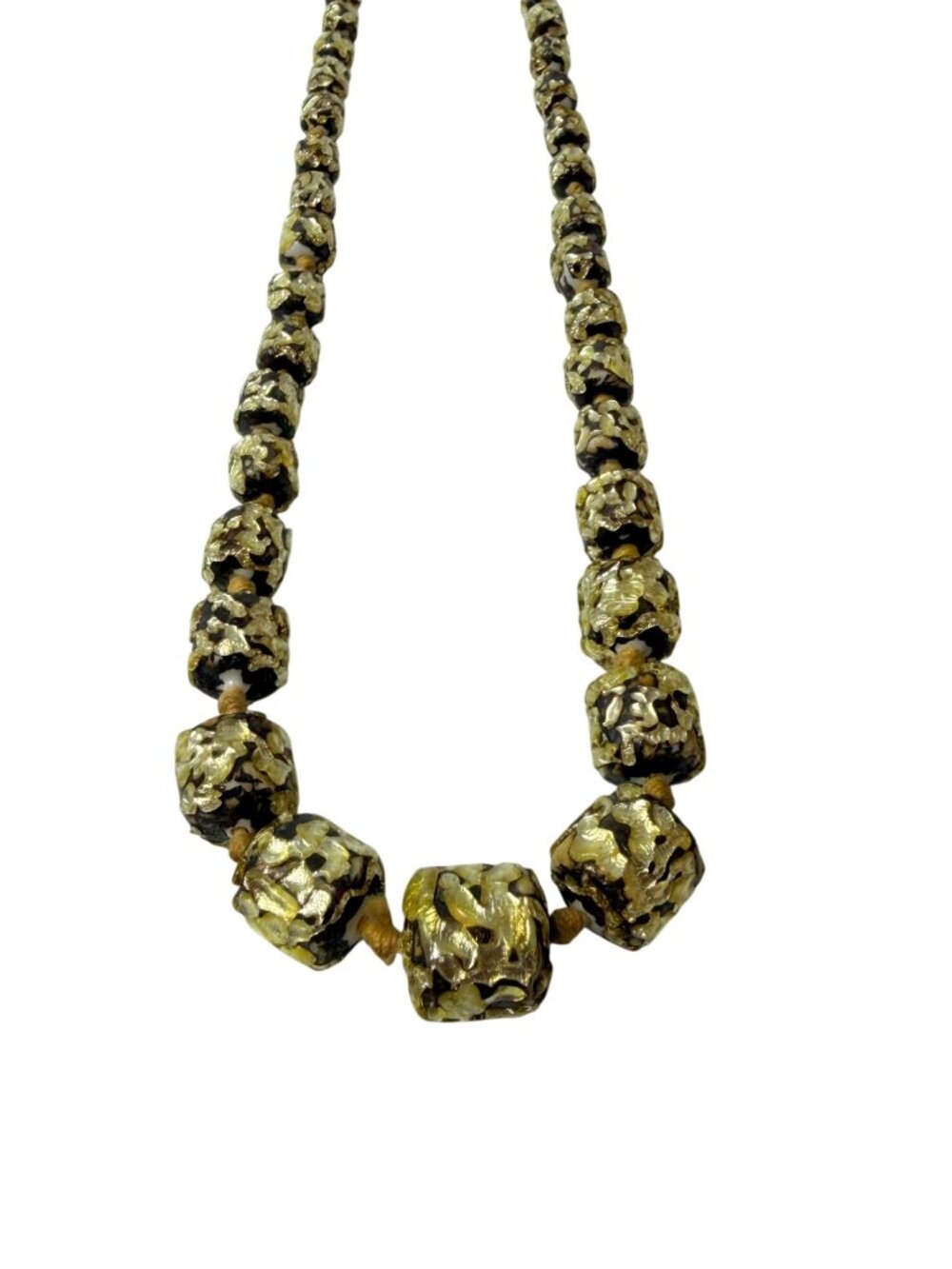 Vintage Murano Chunky Knotted Resin Prayer Bead Necklace Gold Foil Black 32" - Picture 6 of 11
